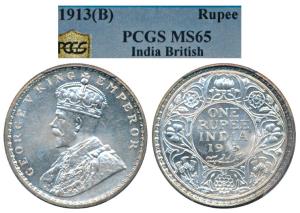 George V, Silver Rupee, 1913 Bombay Mint, (Prid 219). Graded by PCGS MS65.