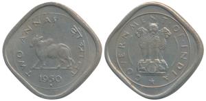 Anna Series, Cupro-Nickel 2 Annas, Bull walking to left, 1950. Extremely Fine.