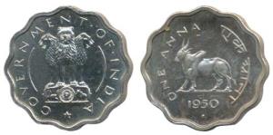 Anna Series, Cupro-Nickel 1 Anna, Bull walking to left, 1950. Proof, in Mint State, Rare.