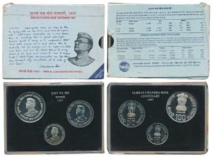 1997 Uncirculated Set, Subhas Chandra Bose Centenary, set of 3, Rupees 10 to 100. In immac