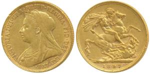 Australia, Victoria, Gold Sovereign, 8g, 1897, Veiled head, ‘M’ mint mark for Melbourne Mi