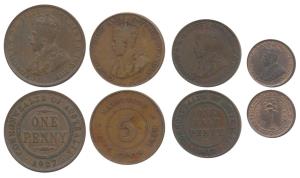 Australia, Bronze ½ & 1 Penny 1917 & 1927 (KM 22 & 23); Mauritius, Bronze 5 Cents, 1920 (K