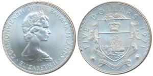 Bahamas, Elizabeth II, Silver 5 Dollars, 42.12g, 1971 rev. coat of arms (KM 24). Uncircula