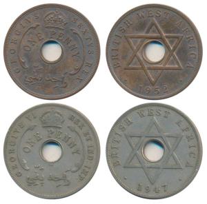 British West Africa, George VI, both different types Copper-Nickle 1 Penny, 1947 struck at