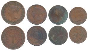 Ceylon, Victoria, Copper 5 Cents, 1870 (KM 93); Strait Settlement, Copper 1 Cent, 1874 (KM