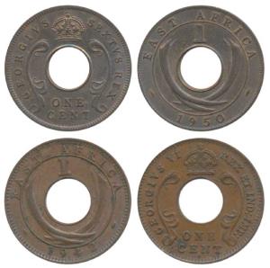 East Africa, George VI, both different types Bronze 1 Cent, 1942; 1950 (KM 29 & 32). Extre