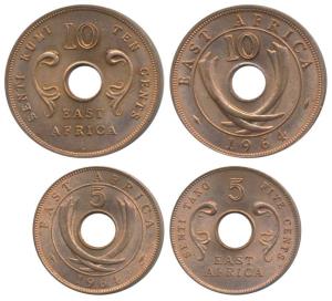 East Africa, Bronze 5 & 10 Cents, Senti Tano & Senti Kumi, 1964, the second with mint mark
