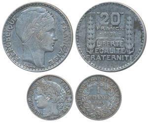 France, Silver 1 Franc, Paris Mint, 1895A (KM 822.1); Silver 20 Francs, 1934 (KM 879). Ver