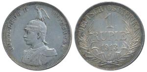 German East Africa, Wilhelm II, Silver Rupie / Rupee, 11.61g, 1913J (KM 10). Very Fine+.