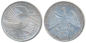 Germany, Silver 10 Mark, 15.69g, (KM 15.5g) 1972 Munich Olympics, FOLRTIS CITIVS ALTIS on 