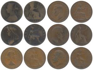 Great Britain, all different types Bronze Penny (6), Victoria (2), Edward VII, George V, G