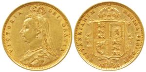 Great Britain, Victoria, Gold ½ Sovereign, 4g, 1892, Jubilee head, rev. Shield (KM 766). V