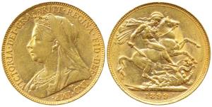 Great Britain, Victoria, Gold Sovereign, 8g, 1899, veiled head. Very Fine+.