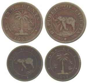 Republic of Liberia, Brass 1 & 2 Cents, 1937, obv. an elephant to left, rev. palm tree div