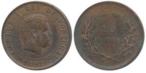 Portugal, Carlos I, Copper 20 Reis, 1892 (KM 533). Extremely Fine, Scarce in nice grades.