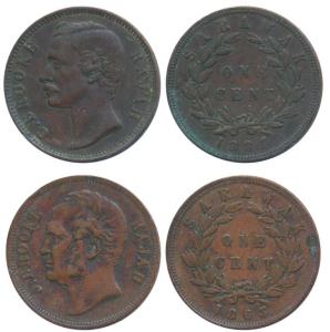 Sarawak, Copper 1 Cent, James Brooke Rajah, 1863; Charles Brooke Rajah, 1884 (KM 3 & 5). V