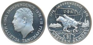 Western Samoa, Silver Tala, 30.7g, 1976, Bicentenary of USA Independence (KM 20a). Proof.