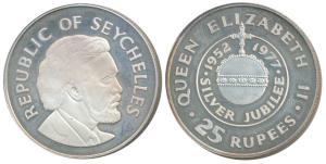 Seychelles, Silver 25 Rupees, 28.28g, 1977, rev. 25th Anniversary of the Accession of Quee