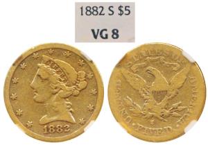 United States of America, Gold $ 5, 8.25g (approx), 1882, Liberty head on obv., motto abov