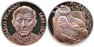 Pablo Picasso, Silver 20g, Medallion, 1881-1973, obv. bust of the painter, rev. His famous