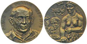 Pablo Picasso, Bronze, 260g, 80 mm, 1973, obv. self portrait of Picasso, with date of birt