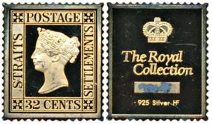 Proof Stamp Silver Ingot, 9g, Strait Settlement, 32 Cents stamp of Victoria. Extremely Fin