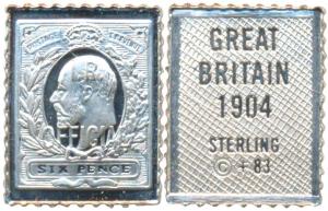 Proof Stamp Silver Ingot, 2g, Strait Settlement, 6 Pence stamp of Edward VI. Extremely Fin