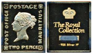 Proof Stamp Silver Ingot, 9g, Mauritius, 2 Pence stamp of Victoria. Slightly tarnished.