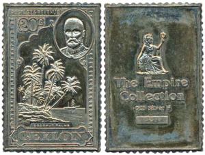 Proof Stamp Silver Ingot, 9g, Ceylon, 5 Cents stamp of Victoria.
