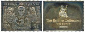 Proof Stamp Silver Ingot, 25g, Hong Kong, 1 Dollar stamp of George VI. Slightly tarnished.