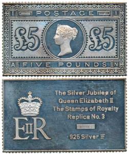 Proof Stamp Large Silver Ingot, 40g, Great Britain, 5 Pounds stamp of Victoria.