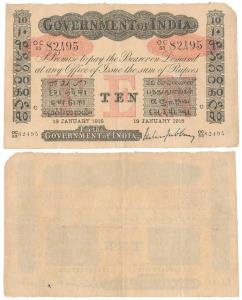 Government of India, Uniface, Rupees 10, red under print, Calcutta Circle, signed M.M.S. G