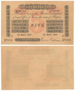 Government of India, Uniface, Rupees 5, red under print, Calcutta Circle, signed R. W. Gil