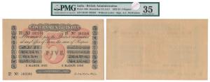 Government of India, Uniface, Rupees 5, red under print, signed A. C. McWatters, 2 March 1