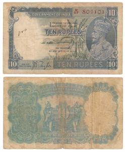 George V, Rupees 10, 3rd issue, 1933, signed J. B. Taylor, thick paper variety, prefix M (