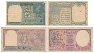 George VI, Rupee 1, 1944, signed C. E. Jones, serial number in green, inset ‘A’; Rupees 2,