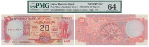 Rupees 20, Specimen, 1975, signed S. Jagannathan, Specimen written in the watermark area, 
