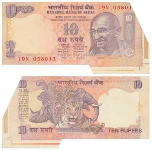 Rupees 10, signed Bimal Jalan, Error, margin with extra paper at bottom right corner and a