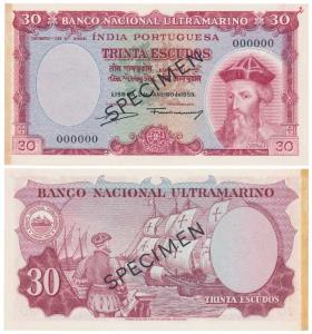 Indo-Portuguese, Specimen 30 Escudos, 7th issue, 1959, Banco Nacional Ultramarino, Specime