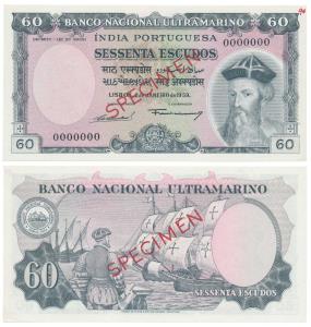 Indo-Portuguese, 60 Escudos, 7th issue, 1959, Banco Nacional Ultramarino, Specimen written