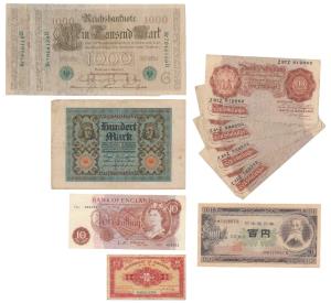 Assorted lot of 10 notes of various countries and denominations, Hong Kong, 10 Cents; Engl