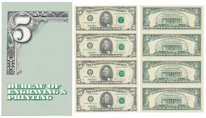 United States of America, Uncut Dollar Sheet, $5 with the portrait of Abraham Lincoln, eac