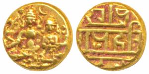 Vijayanagar Empire, Hari Hara II, Gold ½ Pagoda, 1.72g, obv. Shiva-Parvati seated, Siva ho