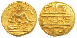 Vijayanagar, Krishna Deva Raya, Gold ½ Pagoda, 1.66g, obv. seated Balakrishna with a flat 