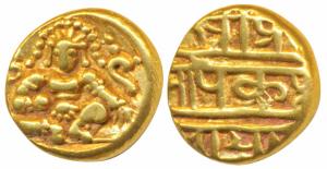 Vijayanagar, Krishna Deva Raya, Gold Pagoda, 3.37g, obv. seated Balakrishna with a flat he
