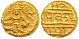Vijayanagar, Krishna Deva Raya, Gold Pagoda, 3.4g, obv. seated Balakrishna with a flat hea