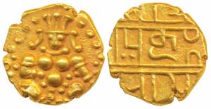 Nayakas of Chitradurga, Gold Durgi Pagoda or Hon, 3.3g, obv. Krishna as Bal Gopala, rev. D