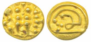 Alupas of Udipi (1088-1332 AD), Gold Fanam, 0.4g, obv. two vertical fish, rev. Kannada Sri
