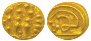 Alupas of Udipi, Gold Fanam, 0.4g, obv. two vertical fish, rev. Kannada Sri. (Mitch K&A 22