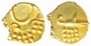 Hoysala, Dwarasamudra, Gold Fanam, 0.38g, obv. stylized lion standing right with crescent 